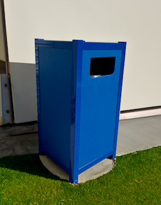  blue trashcan with metal frame