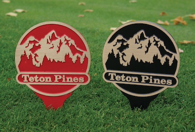 painted red and black cast bronze spiker tee markers