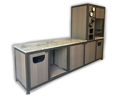 Aluminum framed beverage station with granite counters and Ecolumber paneling