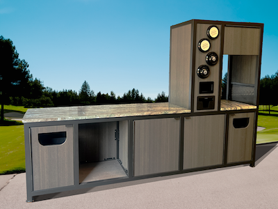 custom cabinet with metal frame and granite countertop