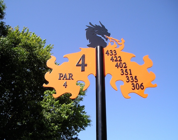 Unique, fire shaped tee sign, made from aluminum with aluminum overlays