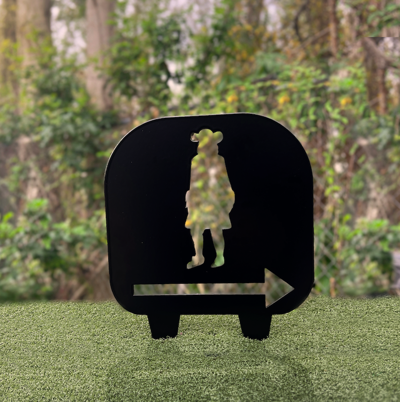 Logo and directional arrow cart path sign
