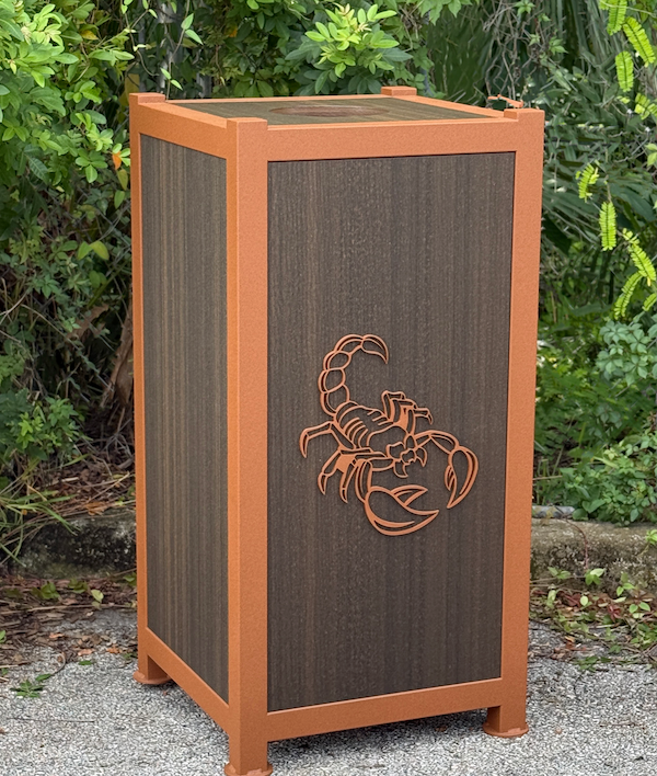 trash can with cut metal branding